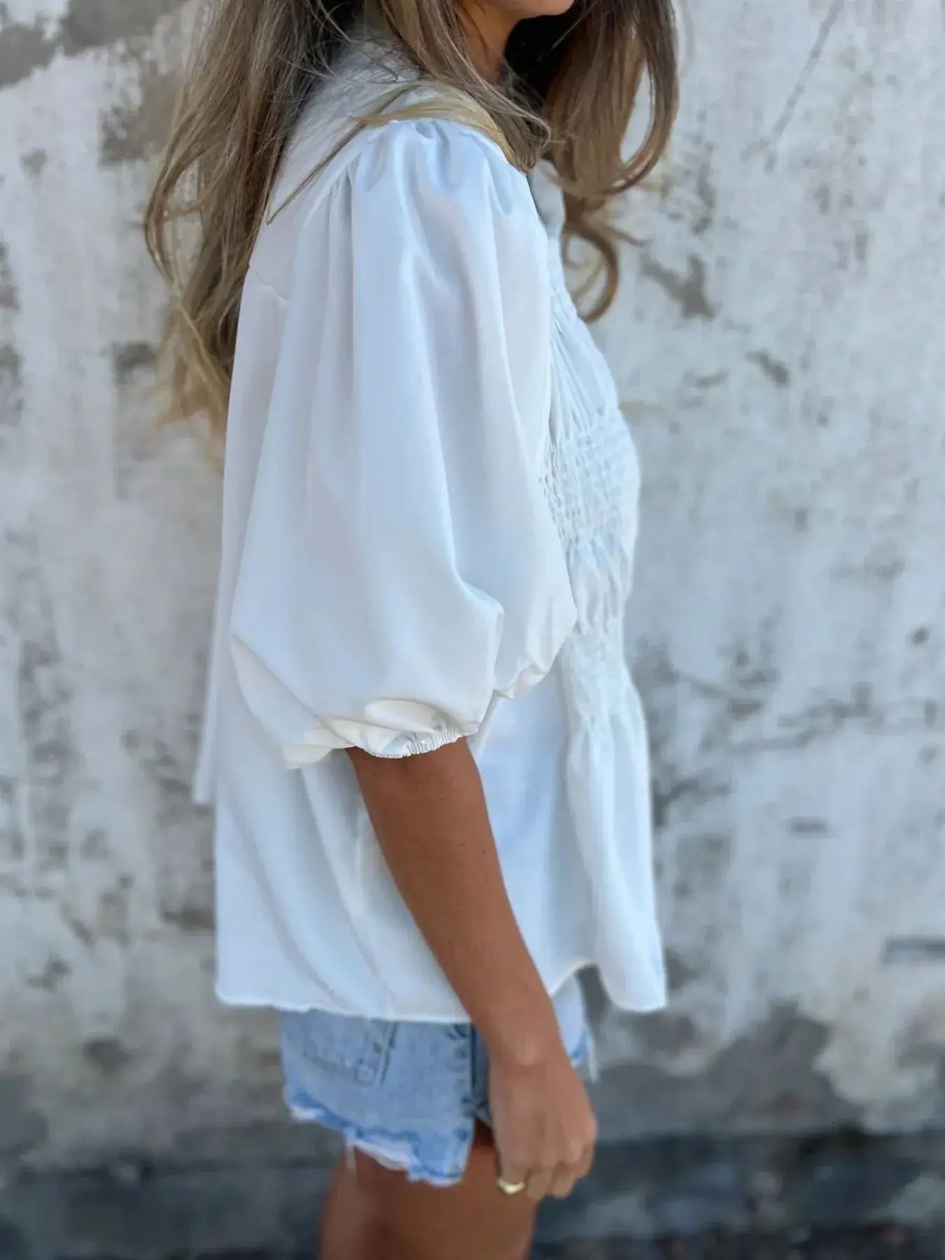 Full Size Smocked Puff Sleeve Blouse Plus Size - Trendsi - Flyclothing LLC