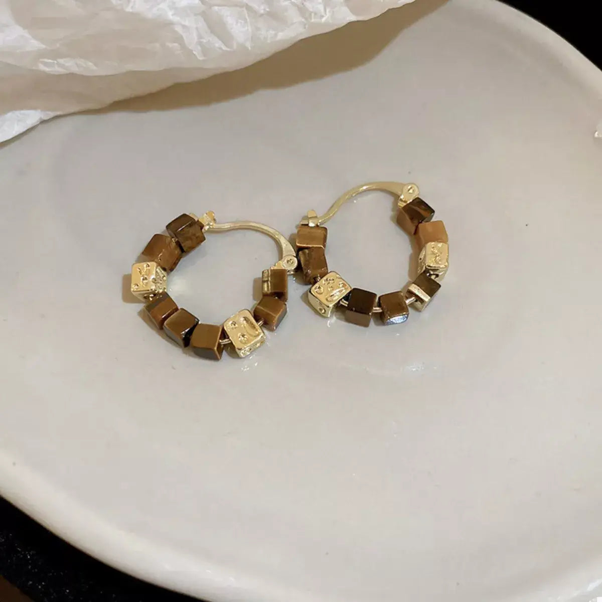 Tiger's Eye 18K Gold-Plated Copper Geometric Earrings - Trendsi - Flyclothing LLC