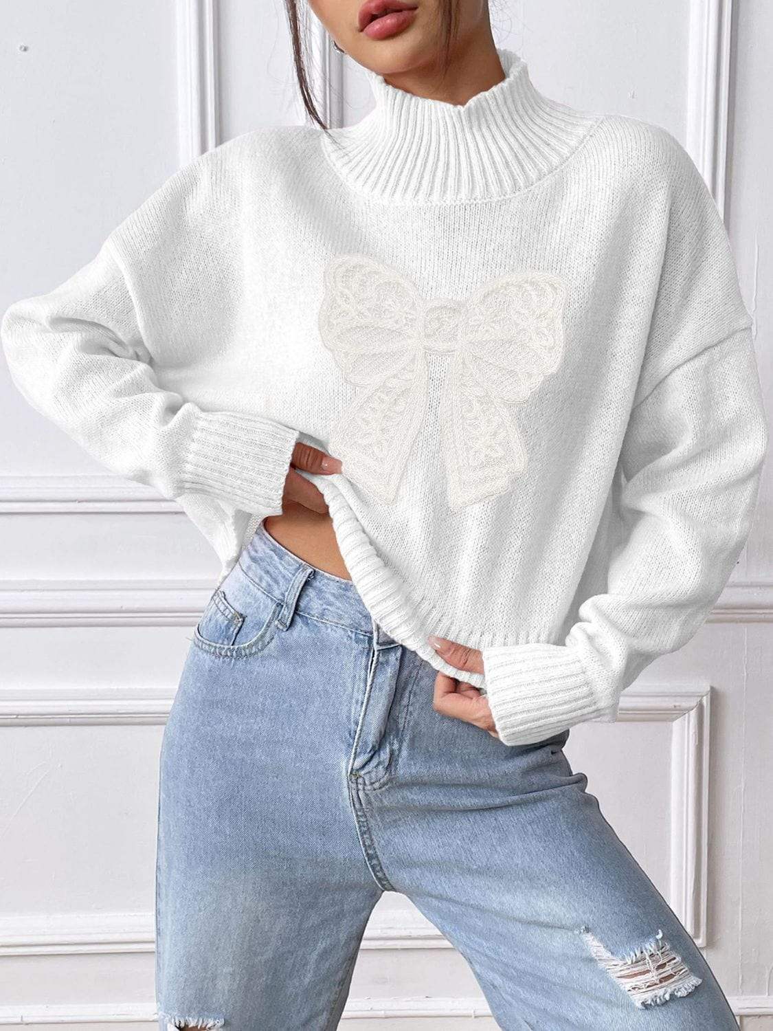 Bow Turtleneck Long Sleeve Sweater - Trendsi - Flyclothing LLC