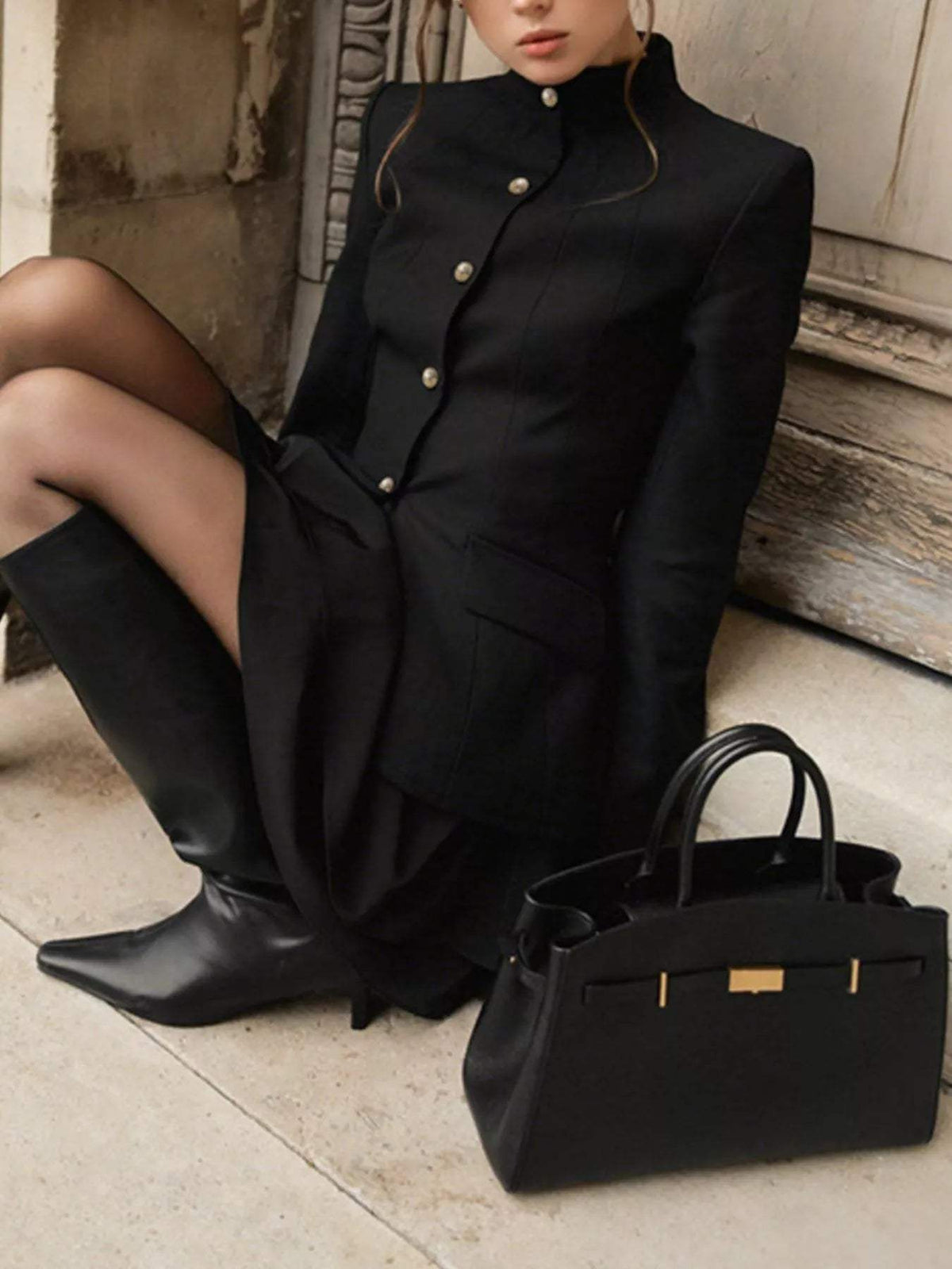 Elegant Stand Collar Blazer and Mini Skirt Set - Trendsi - Flyclothing LLC