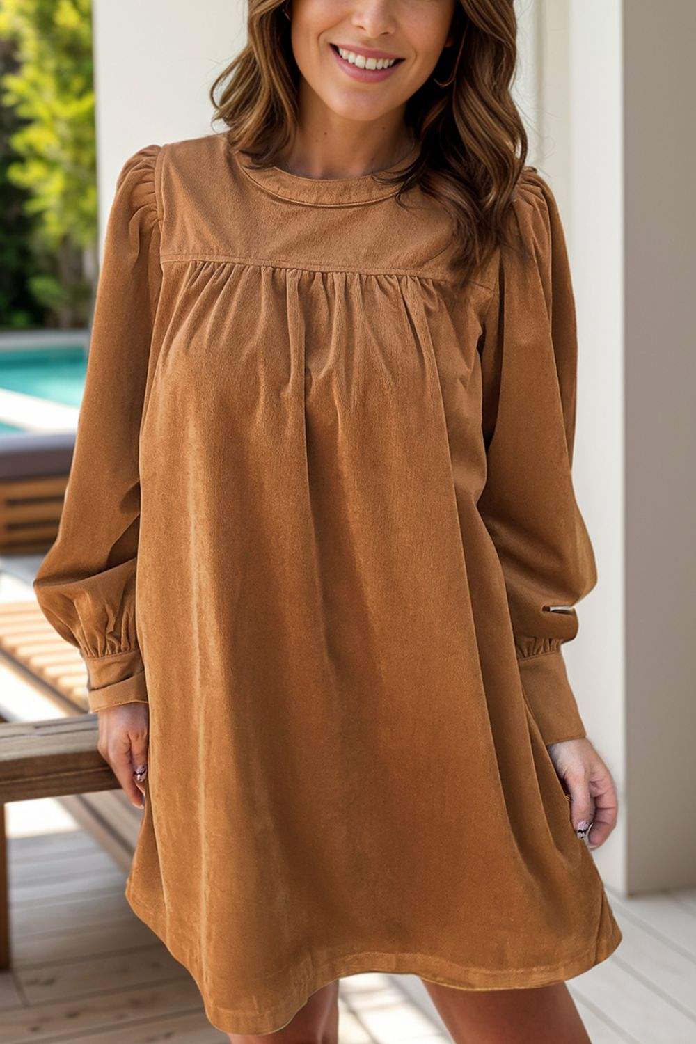 Ruched Round Neck Long Sleeve Dress - Trendsi - Flyclothing LLC