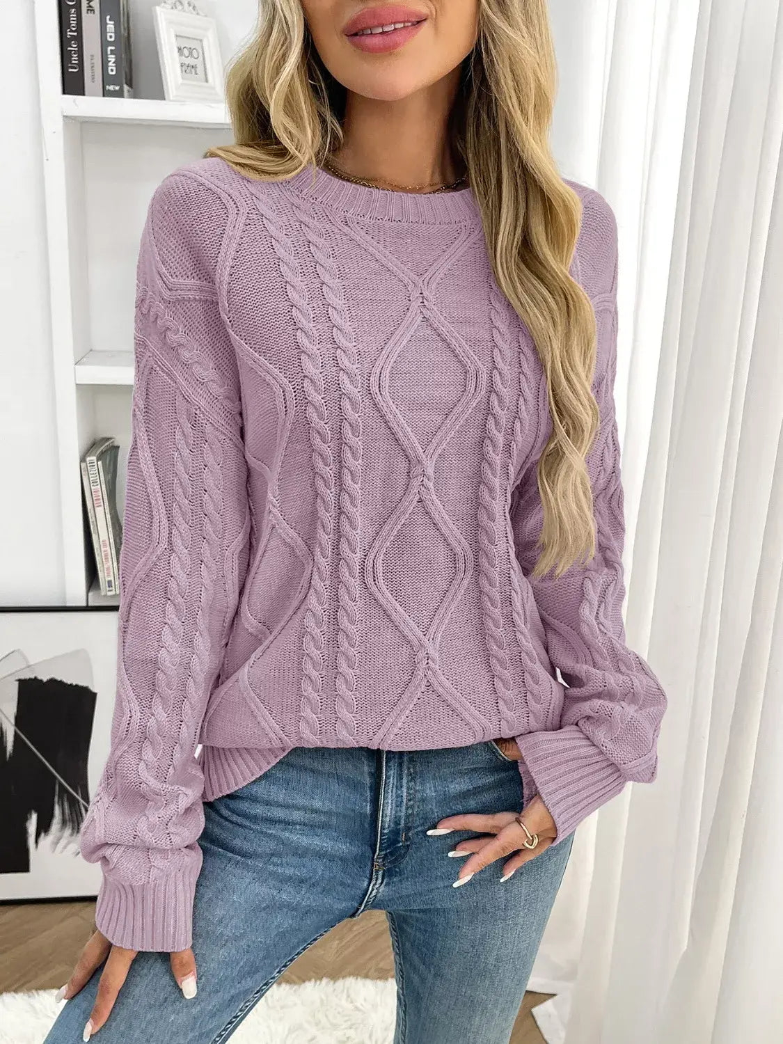 Cable Knit Round Neck Sweater - Trendsi - Flyclothing LLC