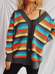 Contrast Stripes Button Up Long Sleeve Cardigan - Trendsi