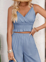 Smocked Surplice Cami and Wide Leg Pants Set - Trendsi - Flyclothing LLC