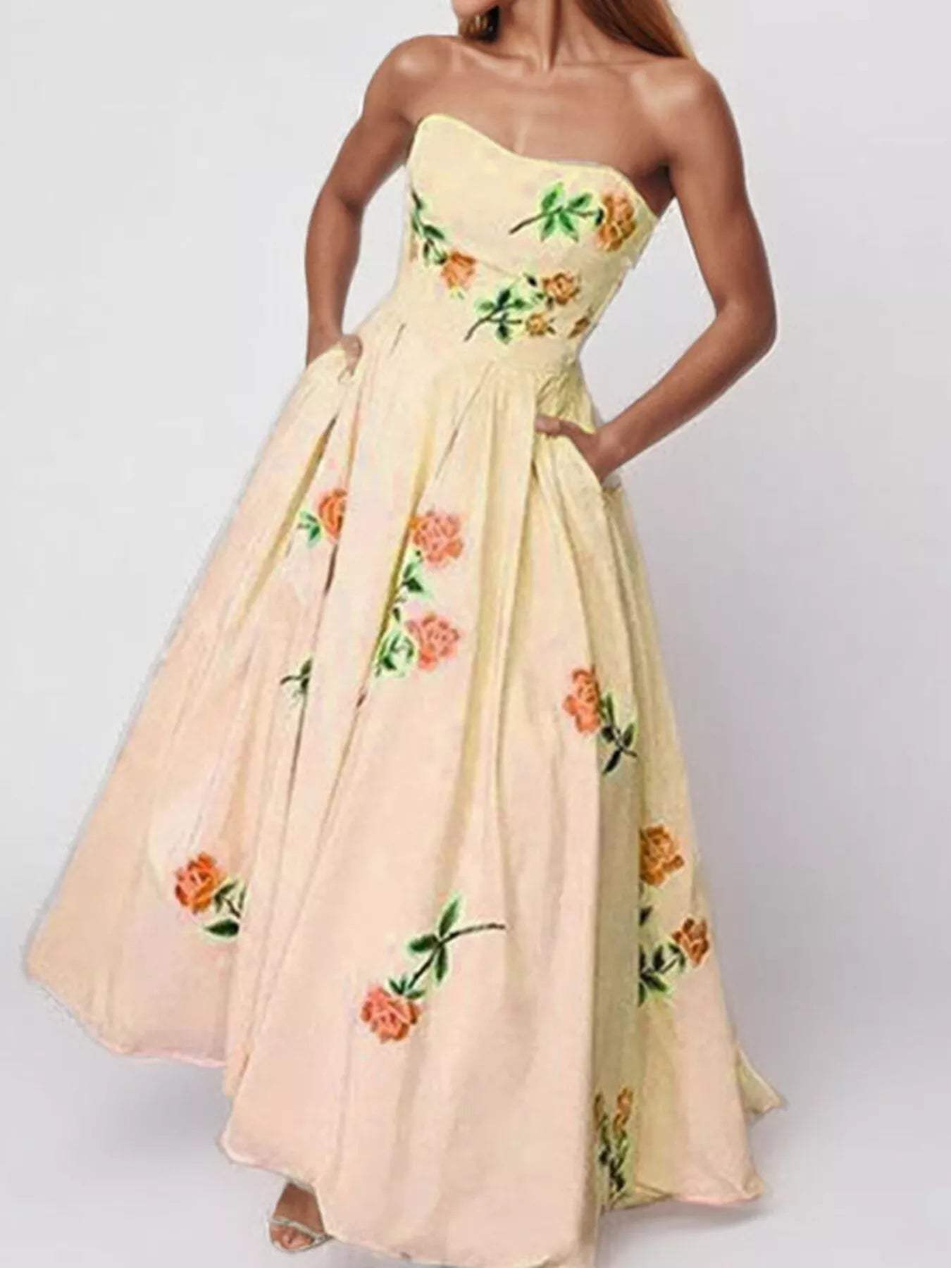 Floral Print Tube Maxi Dress - Trendsi - Flyclothing LLC