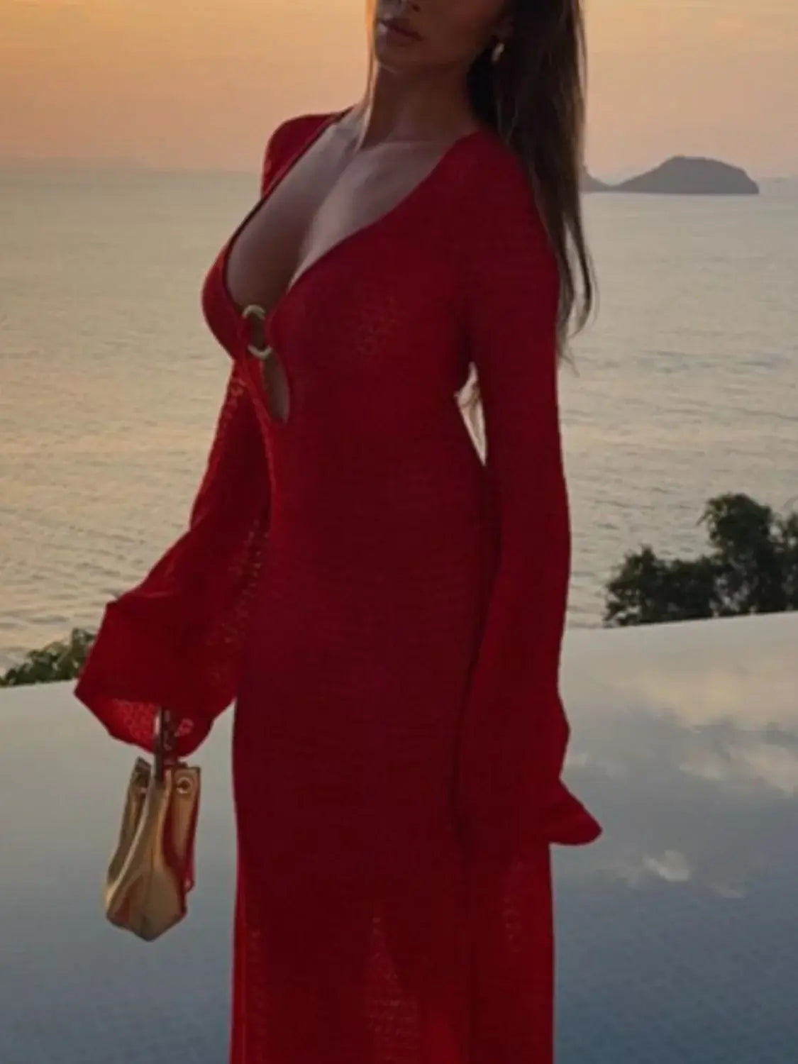 Slit Plunge Flare Sleeve Cover-Up Dress - Trendsi - Flyclothing LLC