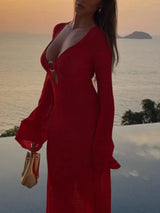 Slit Plunge Flare Sleeve Cover-Up Dress - Trendsi - Flyclothing LLC