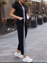 Striped Short Sleeve Hooded Jumpsuit - Trendsi - Flyclothing LLC