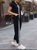 Striped Short Sleeve Hooded Jumpsuit - Trendsi - Flyclothing LLC