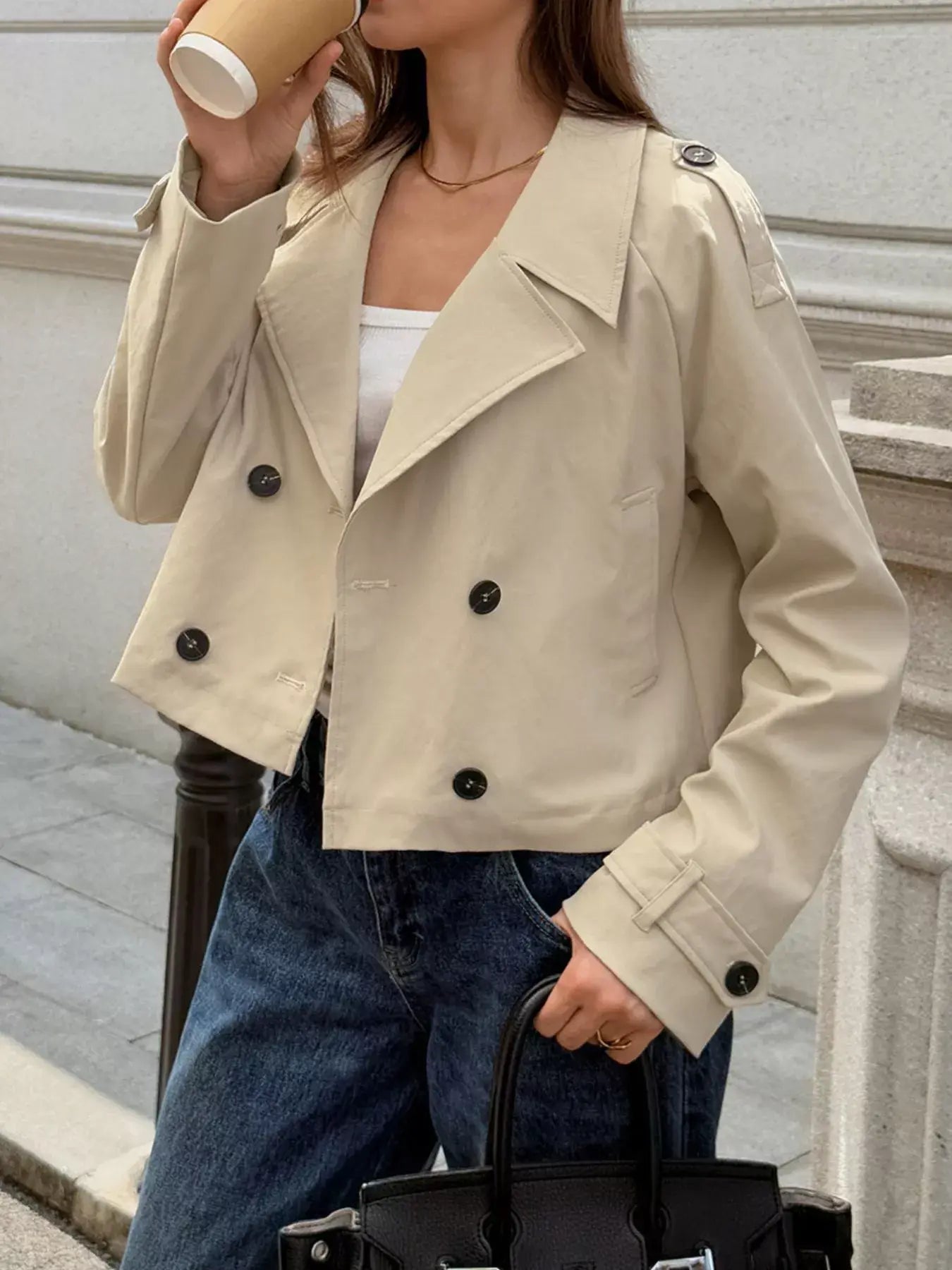 Cropped Double-Breasted Raglan Sleeve Jacket - Trendsi - Flyclothing LLC