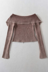 Double Take Ribbed Off-Shoulder Zip Up Long Sleeve Cardigan - Trendsi - Flyclothing LLC