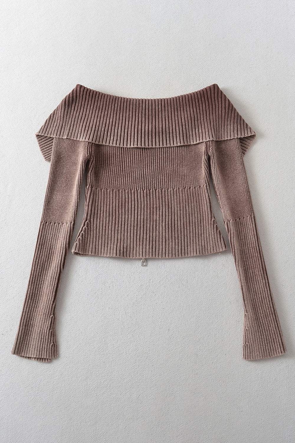 Double Take Ribbed Off-Shoulder Zip Up Long Sleeve Cardigan - Trendsi - Flyclothing LLC