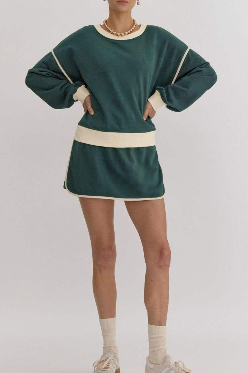 Contrast Trim Round Neck Top and Skort Set - Trendsi - Flyclothing LLC