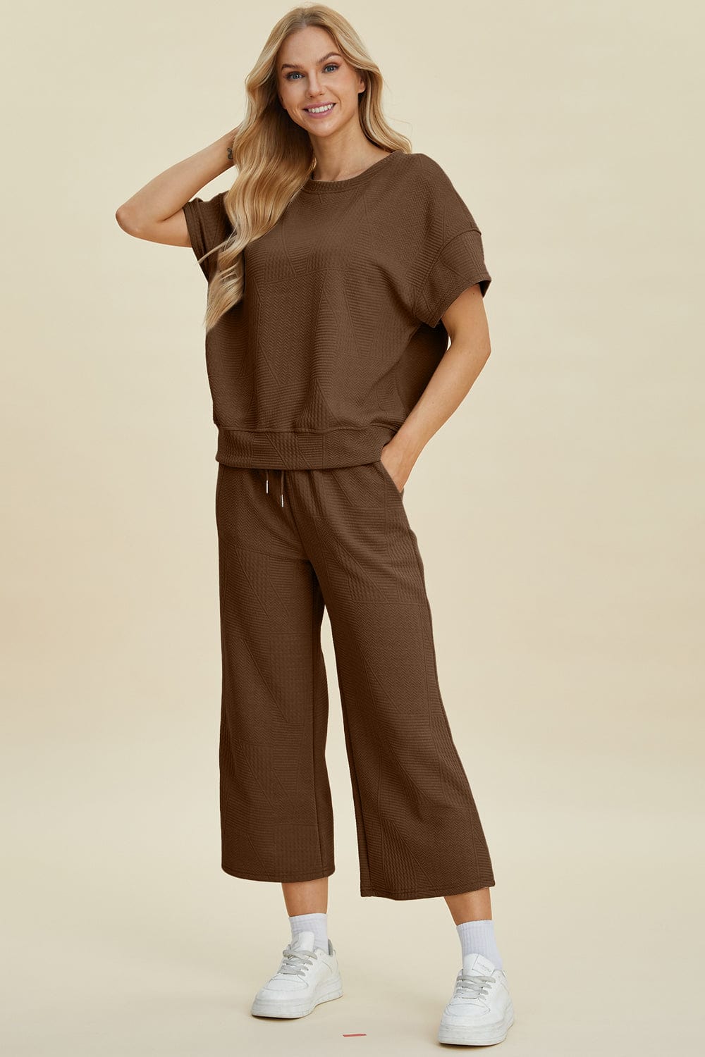 Double Take Full Size Texture Round Neck Top and Pants Set - Trendsi