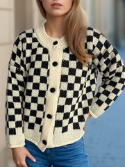 Checkered Button Up Round Neck Cardigan - Trendsi