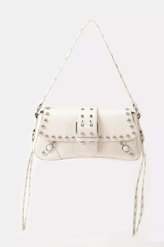 Fame Glossy Faux Leather Rivet Trim Shoulder Bag - Trendsi - Flyclothing LLC