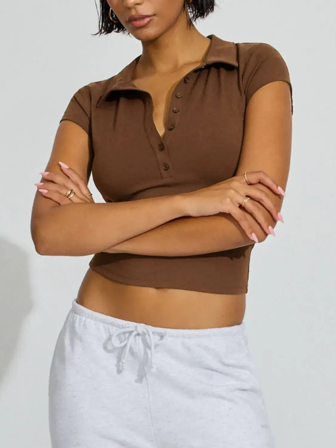 Collared Neck Short Sleeve Top - Trendsi - Flyclothing LLC