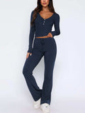 V-Neck Long Sleeve Top and Pants Set - Trendsi - Flyclothing LLC