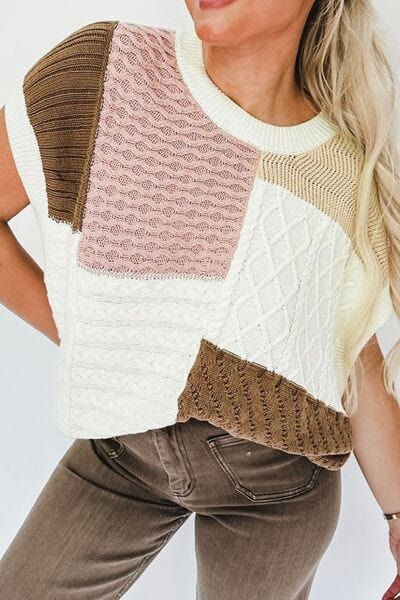 Cable-Knit Color Block Round Neck Sweater Vest - Trendsi