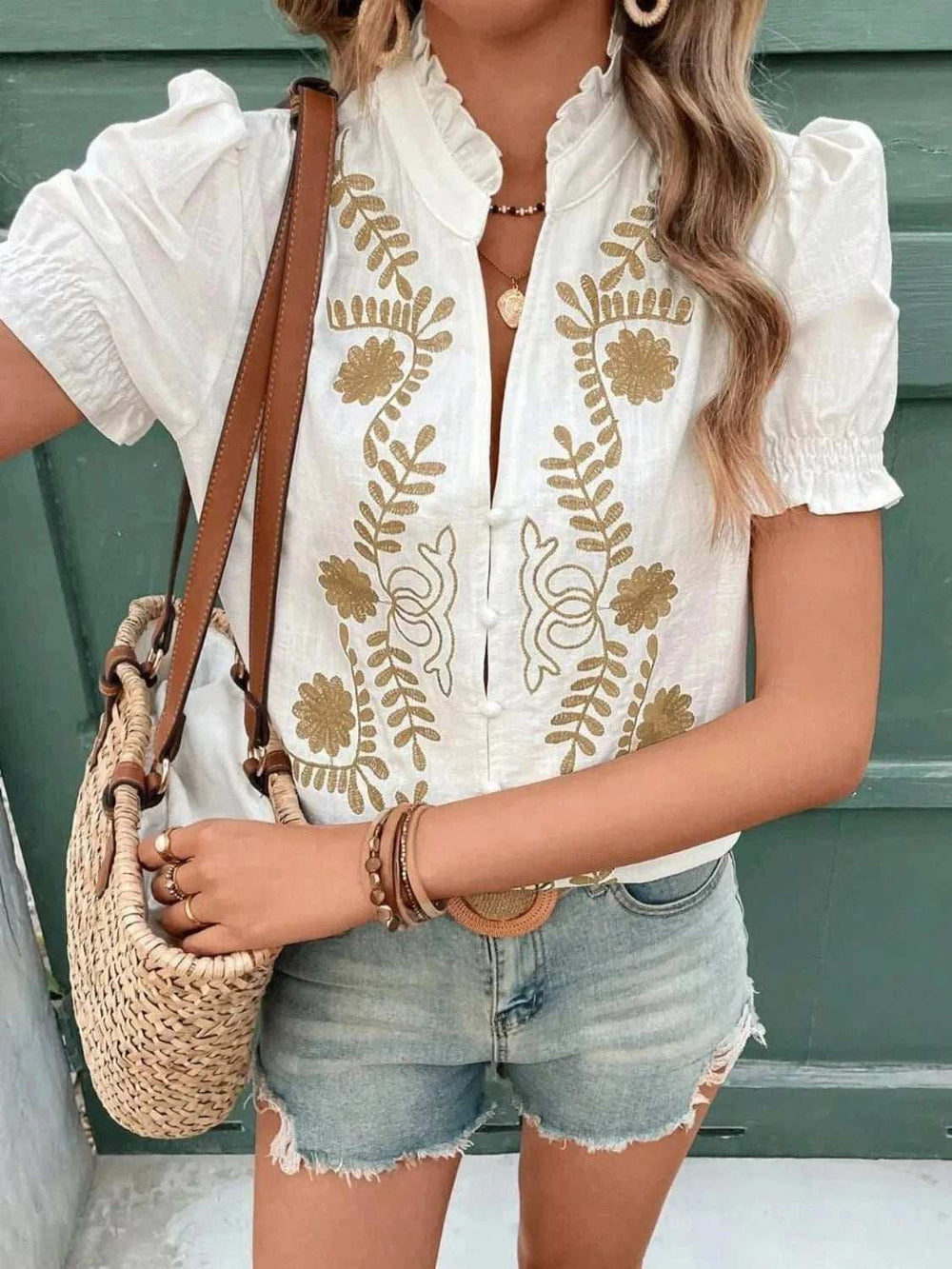 Embroidered Frill Notched Short Sleeve Blouse - Trendsi - Flyclothing LLC