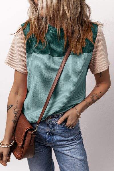 Color Block Round Neck Short Sleeve T-Shirt - Trendsi - Flyclothing LLC