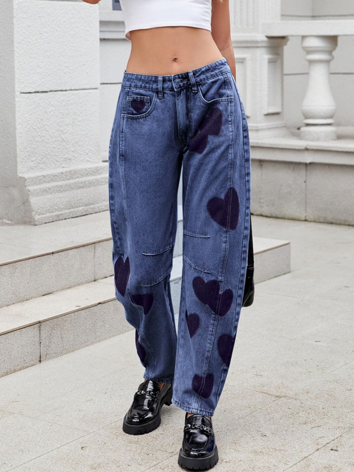 Heart Mid Rise Jeans with Pockets - Trendsi