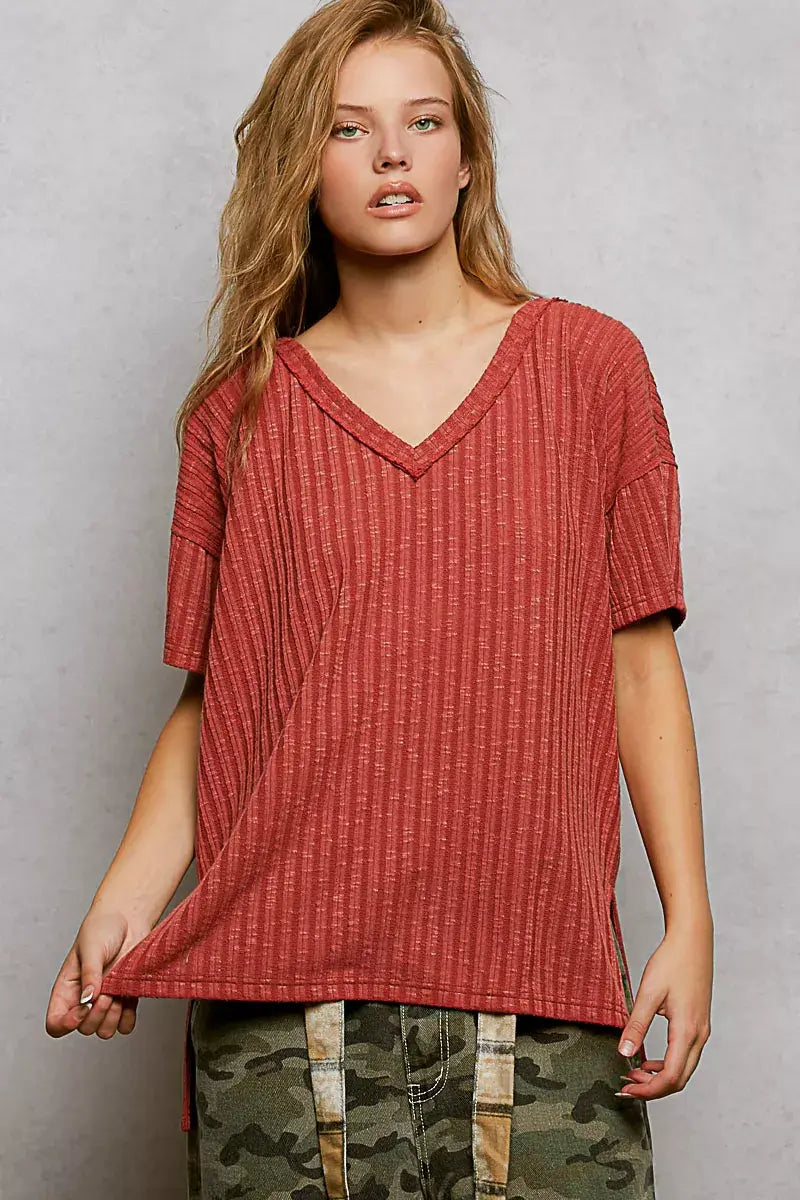 POL Ribbed Knit V-Neck Short Sleeve T-Shirt with Side Slit - Trendsi - Flyclothing LLC