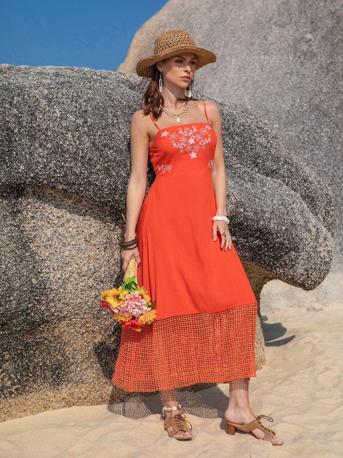 Embroidered Square Neck Midi Cami Dress - Trendsi