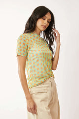 Davi & Dani Checker Board Printed Mesh Short Sleeve Top - Trendsi - Flyclothing LLC
