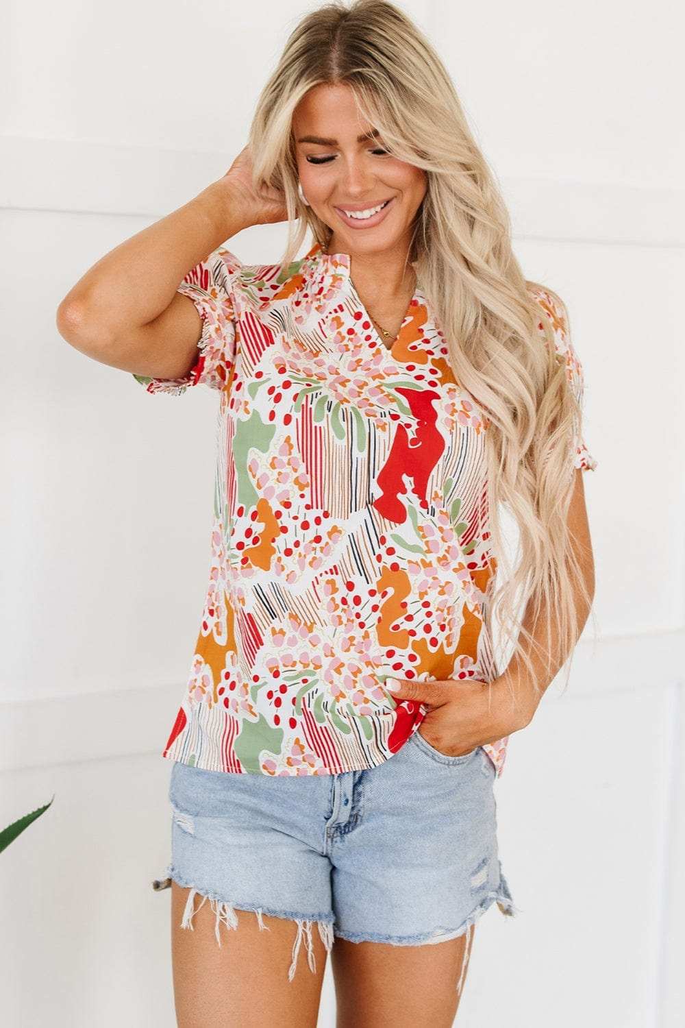 Printed Notched Short Sleeve Blouse - Trendsi - Flyclothing LLC