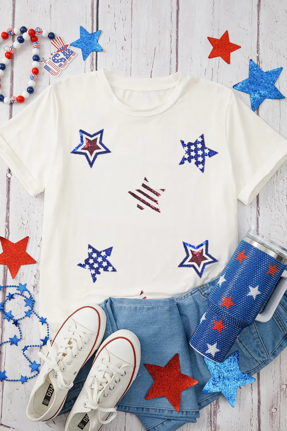 Sequin Star Round Neck Short Sleeve T-Shirt - Trendsi - Flyclothing LLC