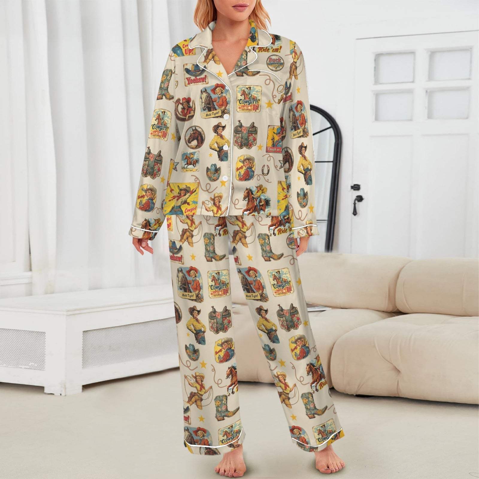 Baha Ranch Vintage Cowgirl Collage Western Rodeo Satin Pajamas - Baha Ranch Western Wear - Flyclothing LLC