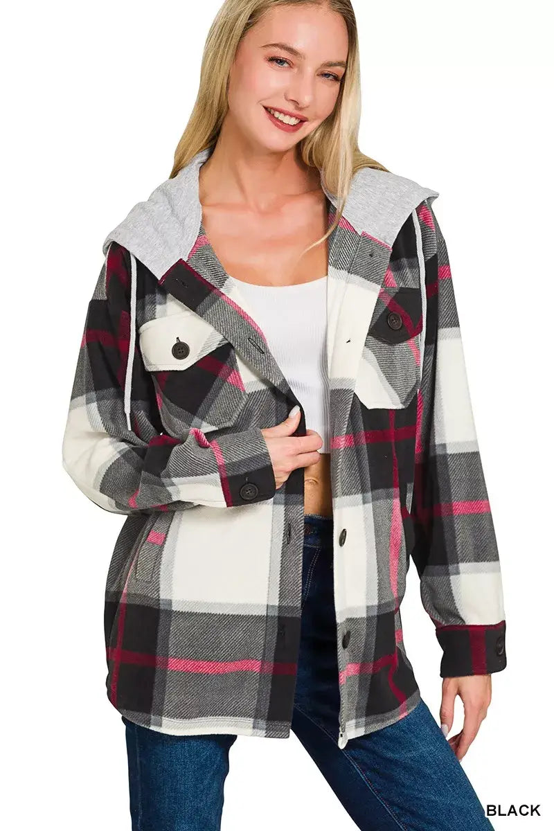 Zenana Plaid Drawstring Hooded Fleece Shacket - Trendsi - Flyclothing LLC