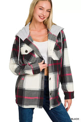 Zenana Plaid Drawstring Hooded Fleece Shacket - Trendsi - Flyclothing LLC