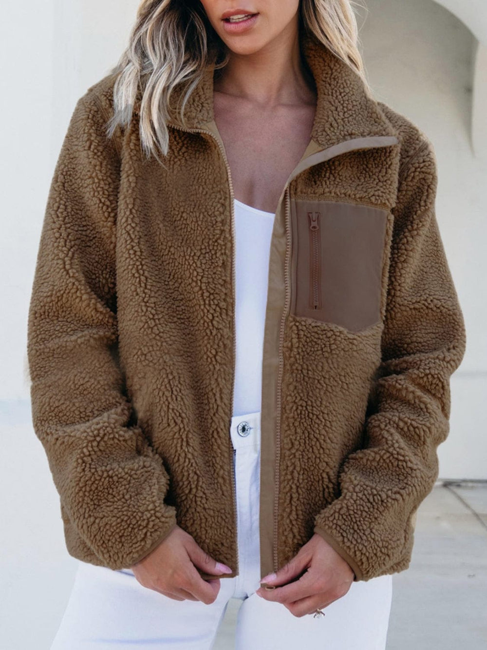Zip Up Long Sleeve Plush Jacket - Trendsi