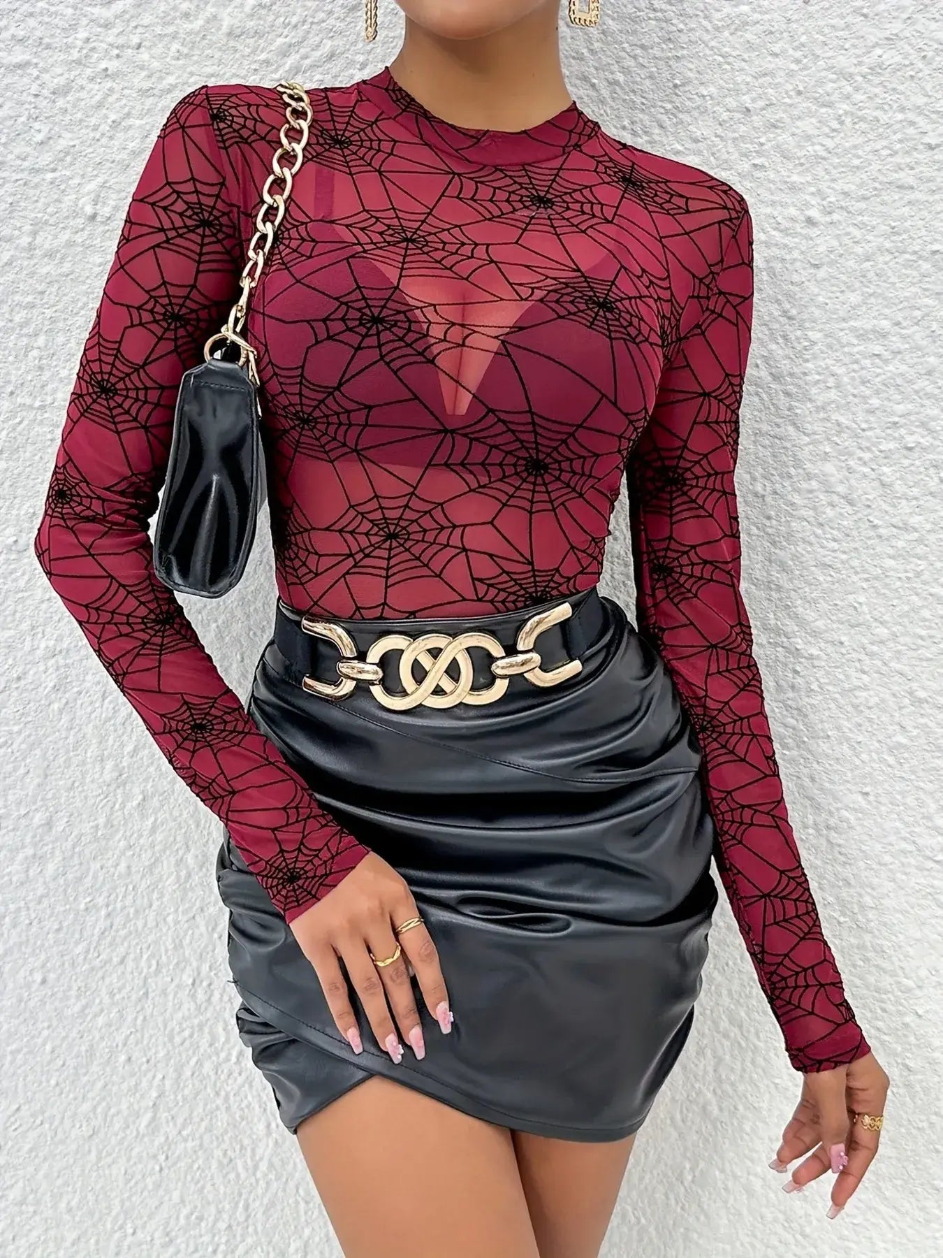 Spider Web Print Long Sleeve Blouse - Trendsi - Flyclothing LLC