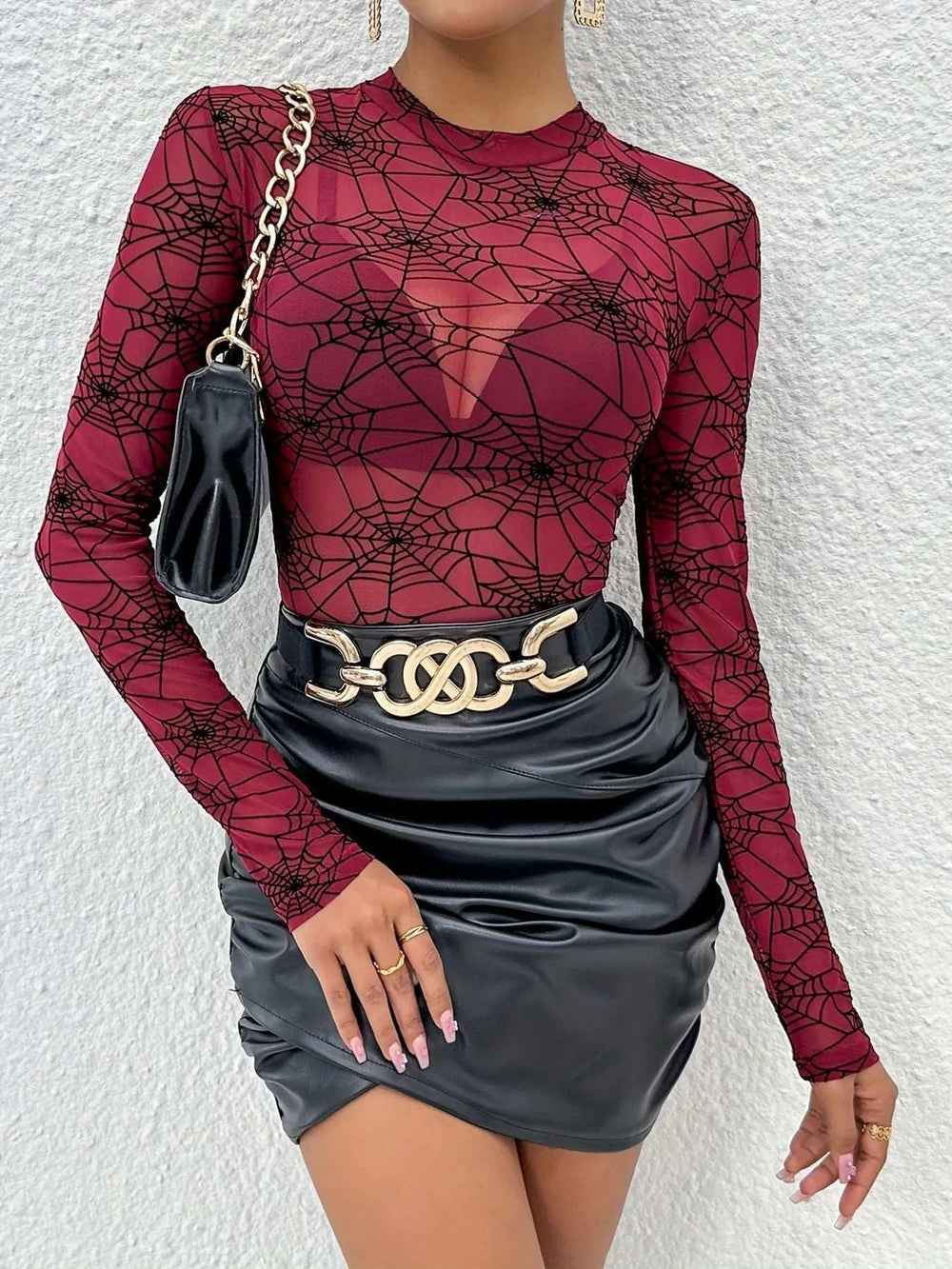 Spider Web Print Long Sleeve Blouse - Trendsi - Flyclothing LLC