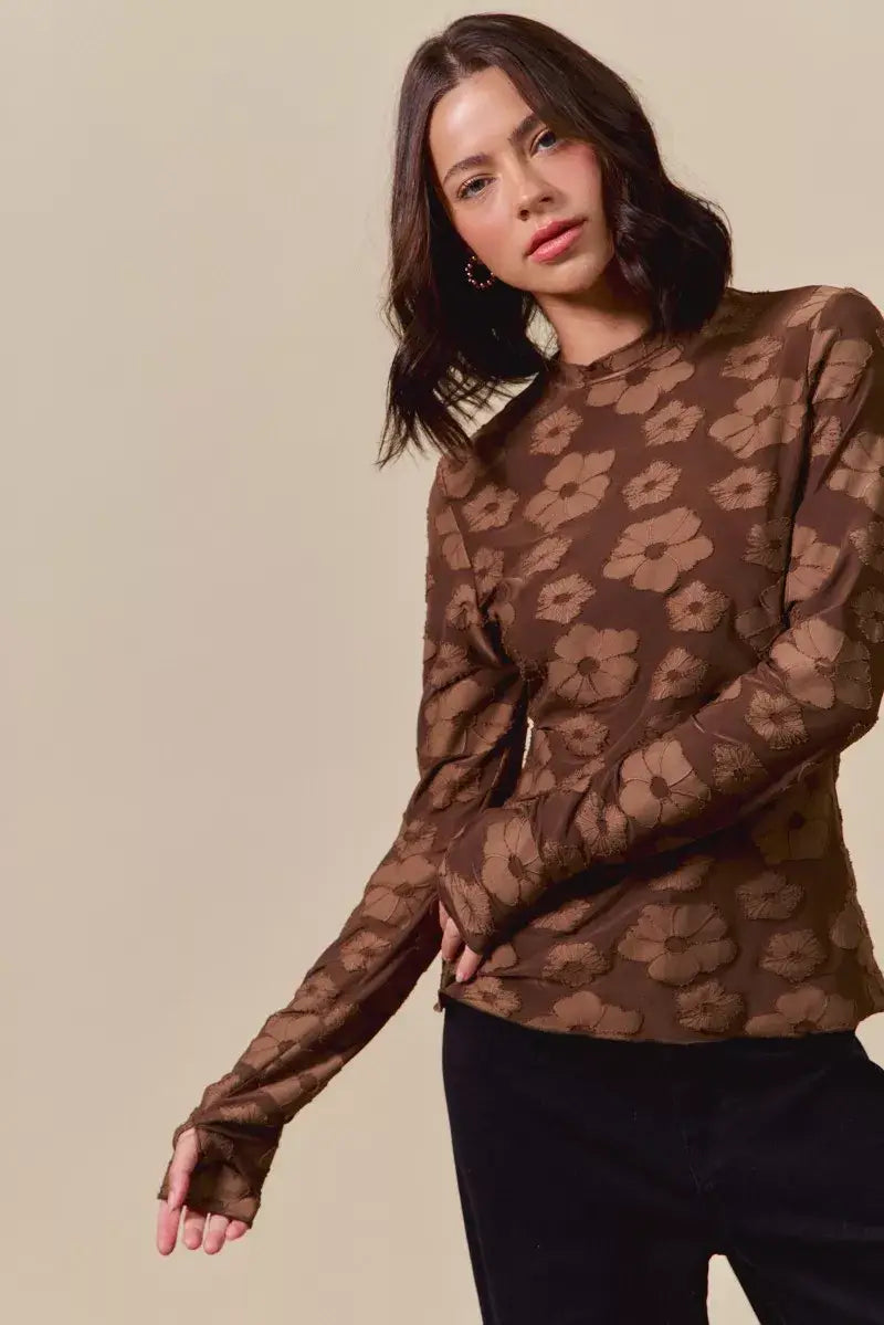 SO ME Stretched Jacquard Casual Tops with Thumb Opening - Trendsi - Flyclothing LLC