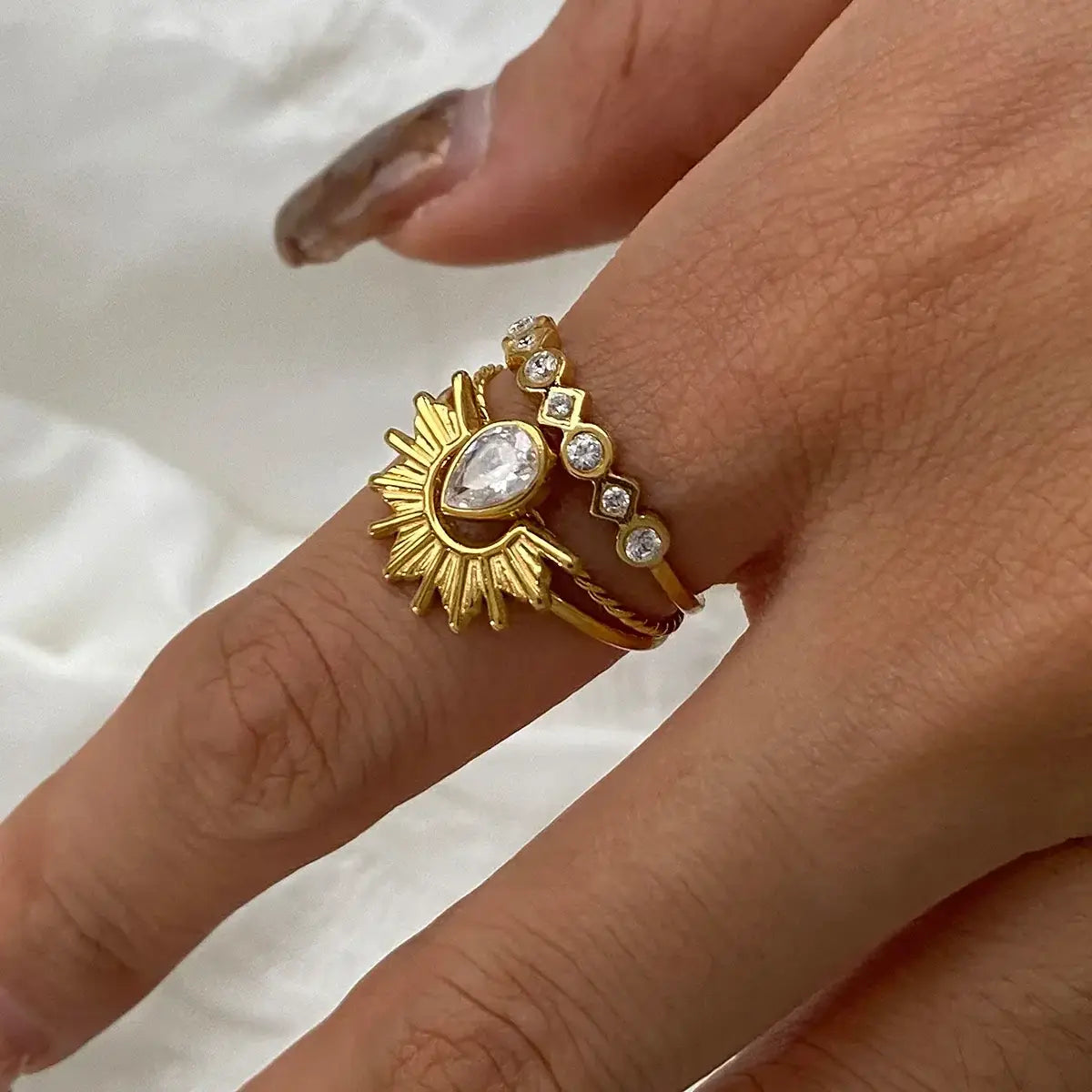 3 Piece Stainless Steel Rhinestone Sunburst Crown Ring - Trendsi - Flyclothing LLC