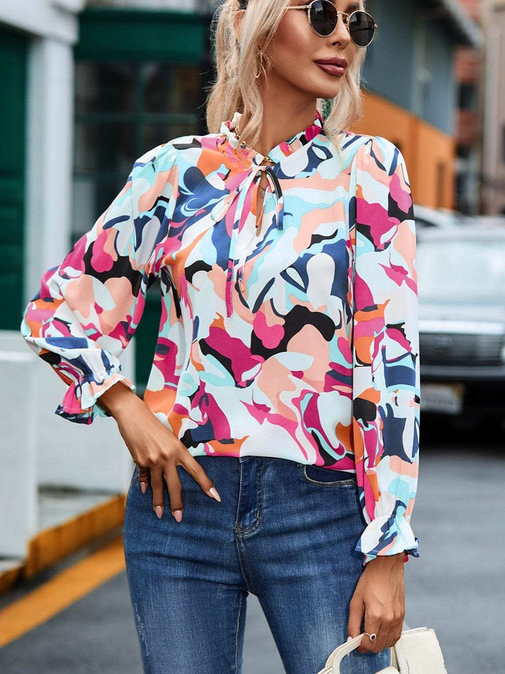 Printed Tie Neck Long Sleeve Blouse - Trendsi - Flyclothing LLC