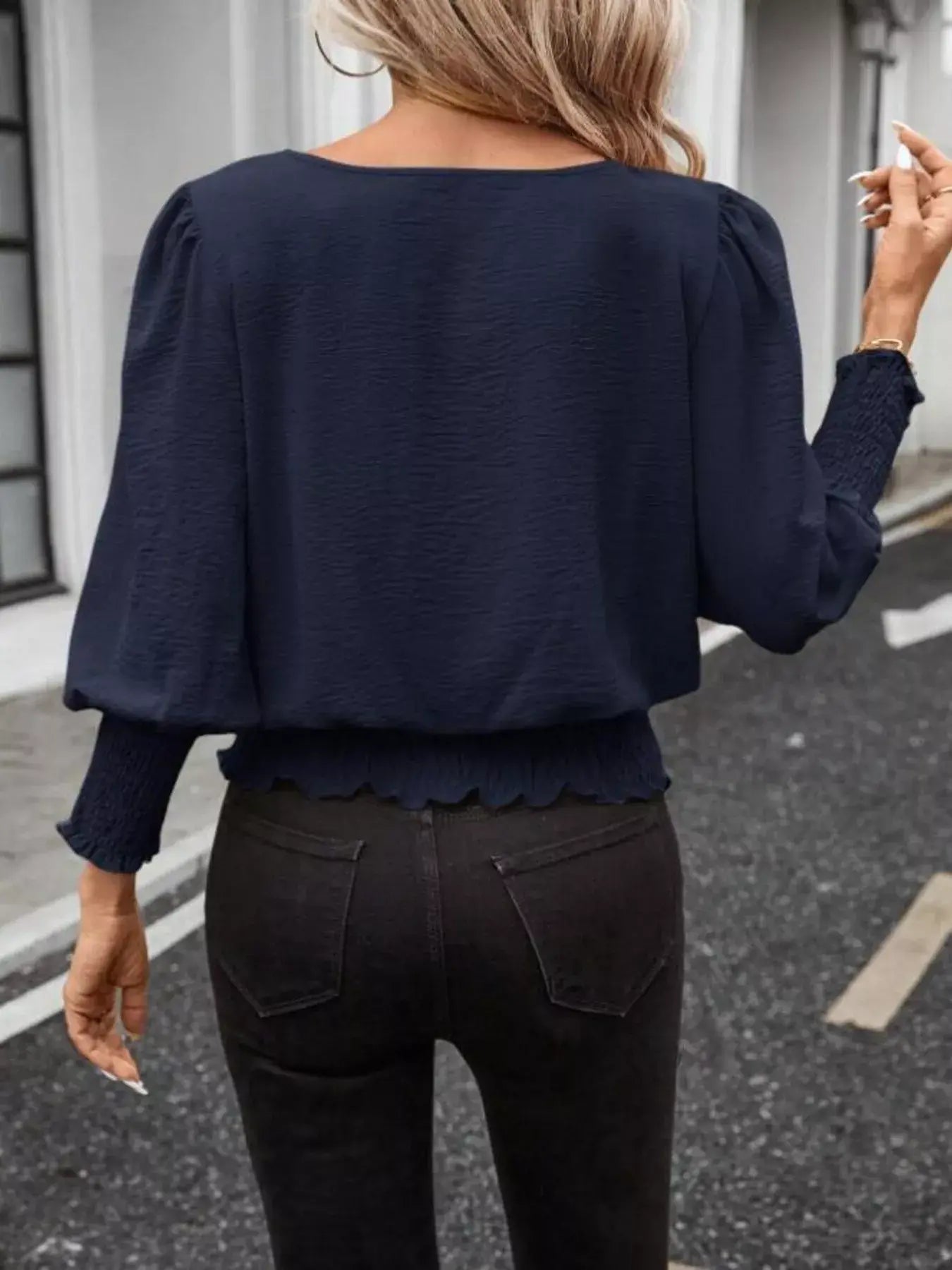 Smocked Waist Round Neck Blouse - Trendsi - Flyclothing LLC