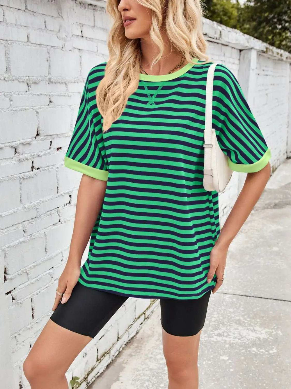 Lovelet Striped Round Neck Half Sleeve T-Shirt - Trendsi - Flyclothing LLC