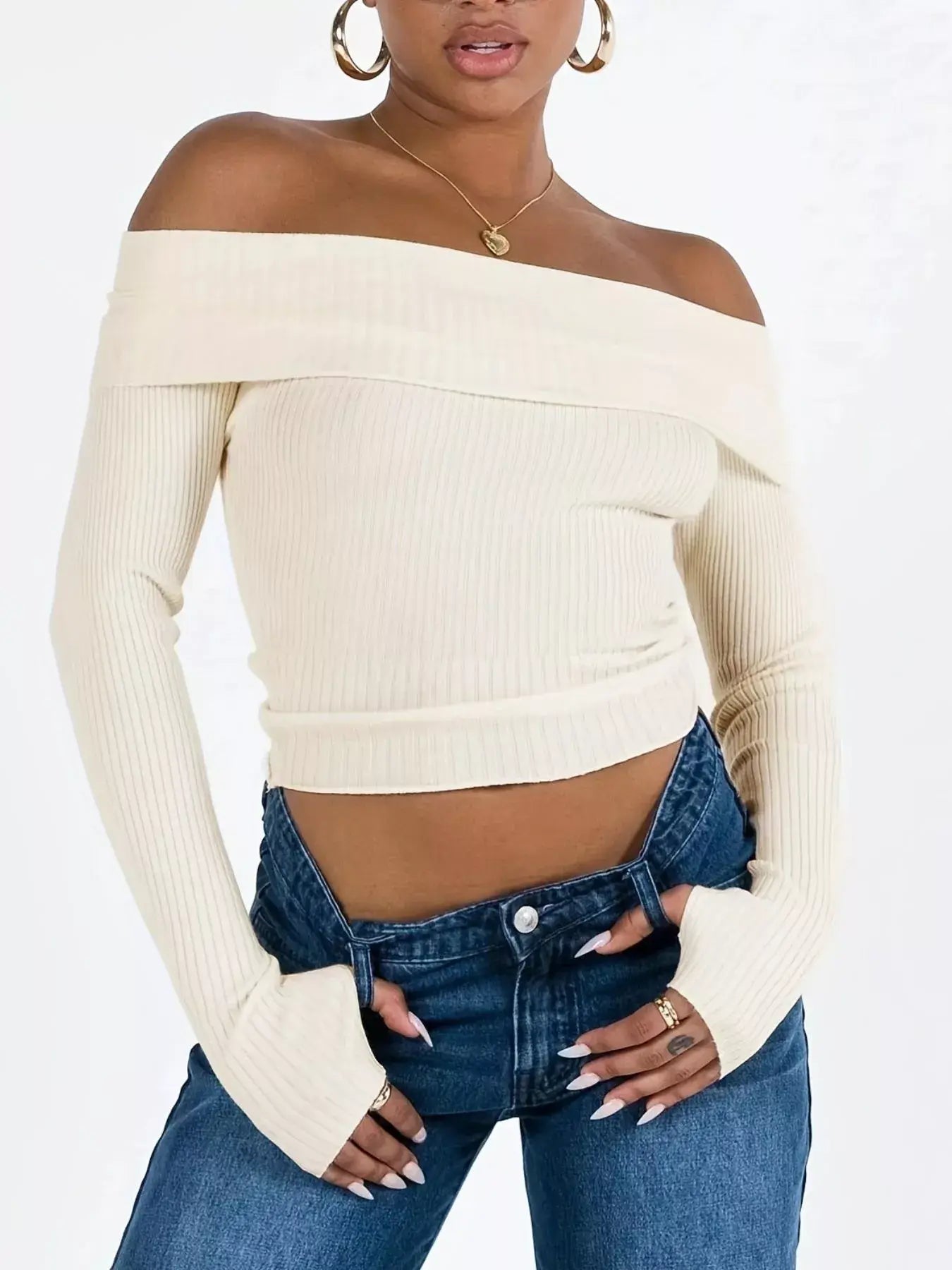 Off-Shoulder Ribbed Knit Sweater - Trendsi - Flyclothing LLC