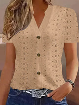 Openwork Notched Short Sleeve Top - Trendsi - Flyclothing LLC