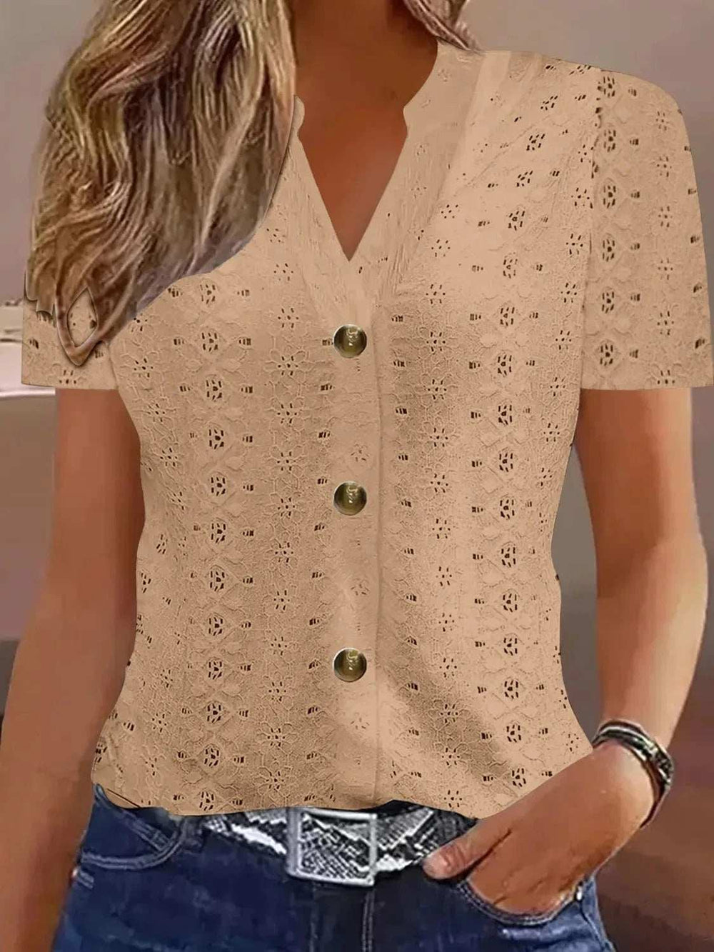 Openwork Notched Short Sleeve Top - Trendsi - Flyclothing LLC