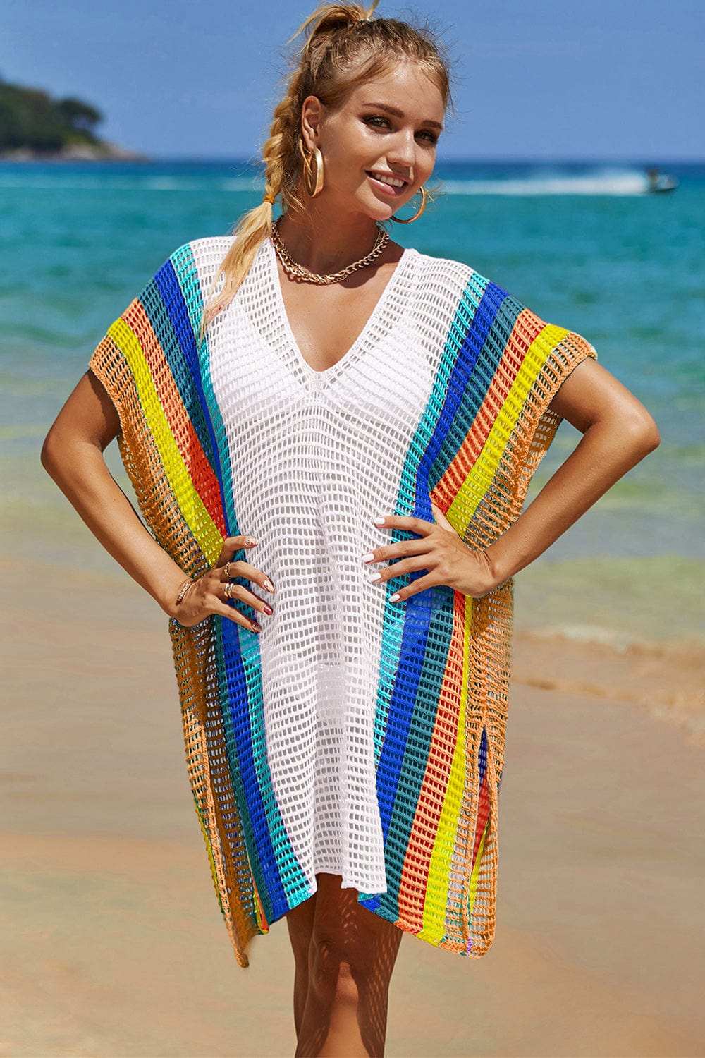 Double Take Openwork Striped Slit Knit Cover Up - Trendsi - Flyclothing LLC