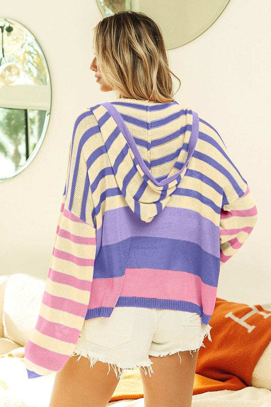 BiBi Striped Color Block Hooded Knit Top - Trendsi - Flyclothing LLC