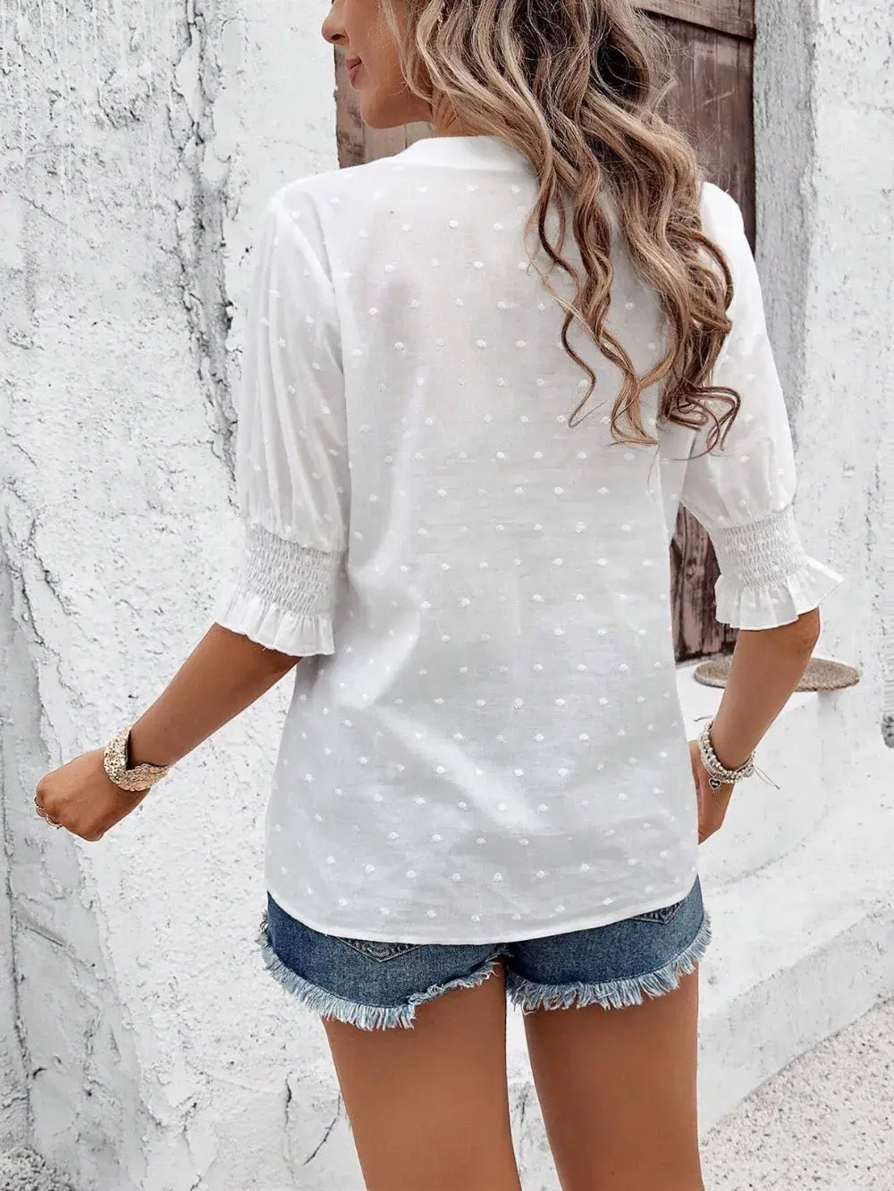 Eyelet Notched Flounce Sleeve Blouse - Trendsi - Flyclothing LLC