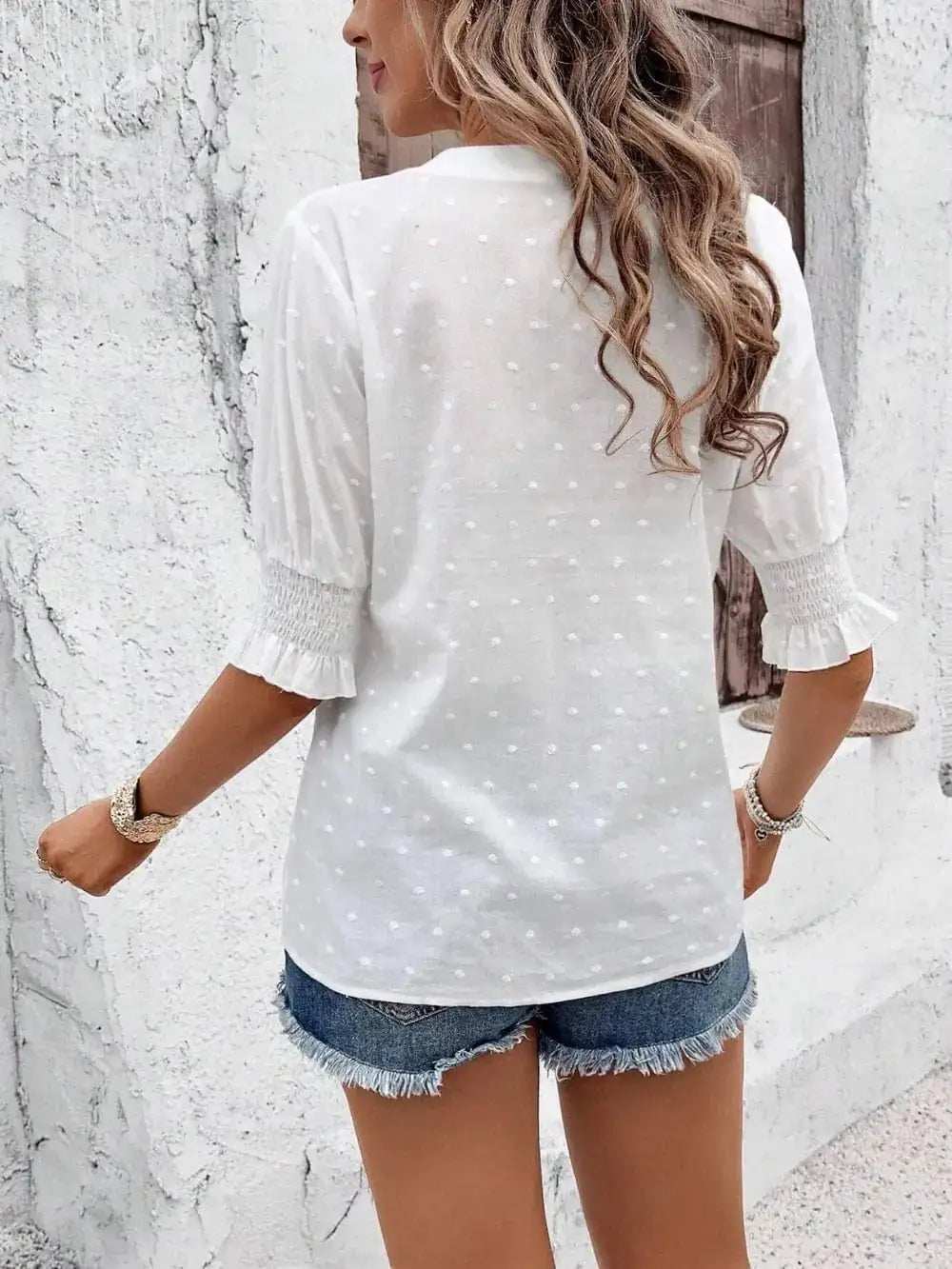 Eyelet Notched Flounce Sleeve Blouse - Trendsi - Flyclothing LLC