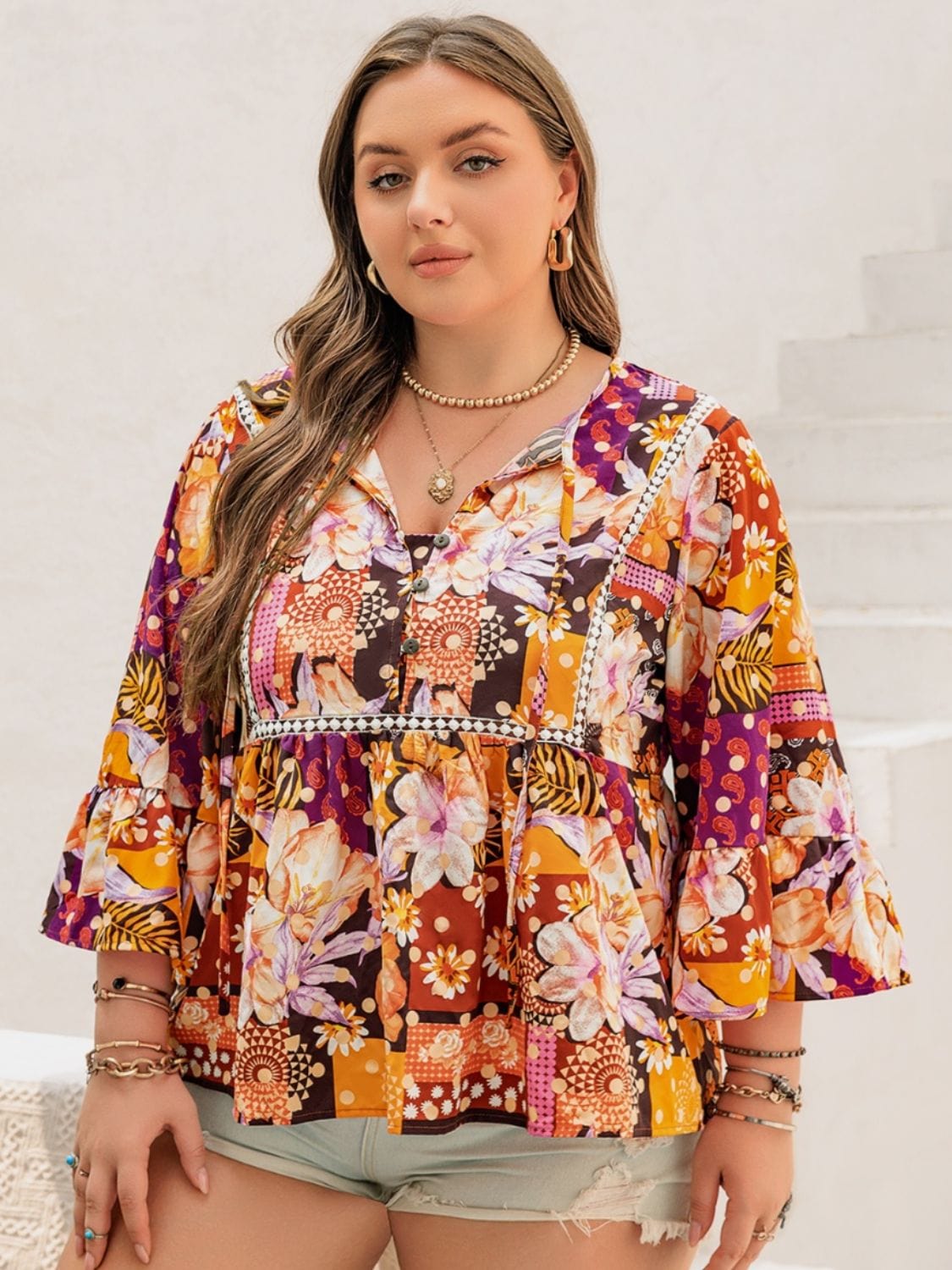 Plus Size Printed Tie Neck Blouse - Trendsi